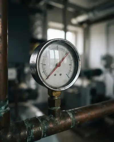 Manometre de chaudiere a cadran blanc et aiguille rouge, fixe sur un tube cuivre